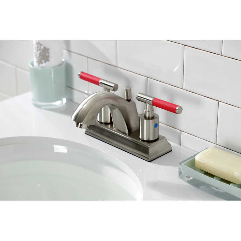 Kingston Brass Kaiser Two-Handle 3-Hole Deck Mount 4" Centerset Bathroom Faucet with Pop-Up Drain, Brushed Nickel