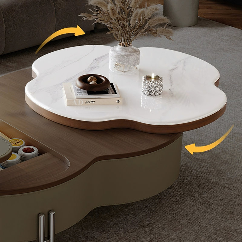 Table basse Cloud pour le salon, table basse à plateau relevable moderne avec plateau en pierre frittée et quatre pieds en métal