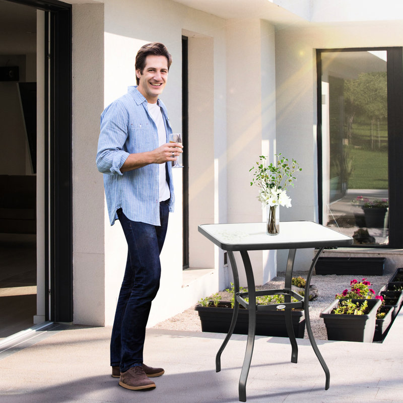 Square 27" Outdoor Dining Table - Steel Base With Tempered Glass Surface Fits Balcony Black Garden Metal Frame Easy Assembly For Space