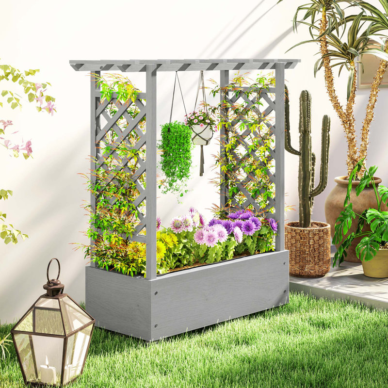Jardinière surélevée avec treillis, boîte à fleurs surélevée en bois avec doublure