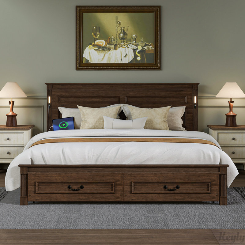 Lit en bois massif avec tête et pied de lit à grand panneau, 2 tiroirs de rangement, lumières DEL intégrées, station de charge USB, lit en bois de pin