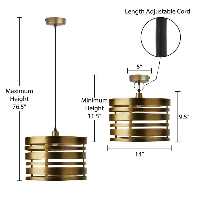 14"W Gold-Tone Metal Drum Shade Pendant