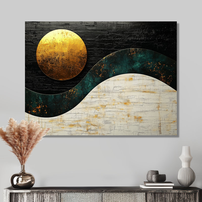 Lune sans limite dorée et noire - rêverie géométrique abstraite, H 12 po x l 20 po