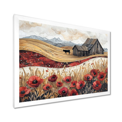 Les coquelicots de campagne et la vache et la grange III - coquelicots, art mural pour le salon