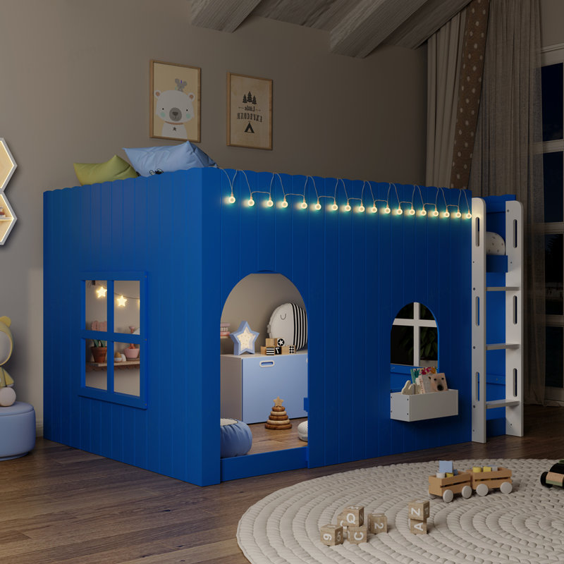 Lit mezzanine double pour enfant avec lumière DEL chaude, Bleu