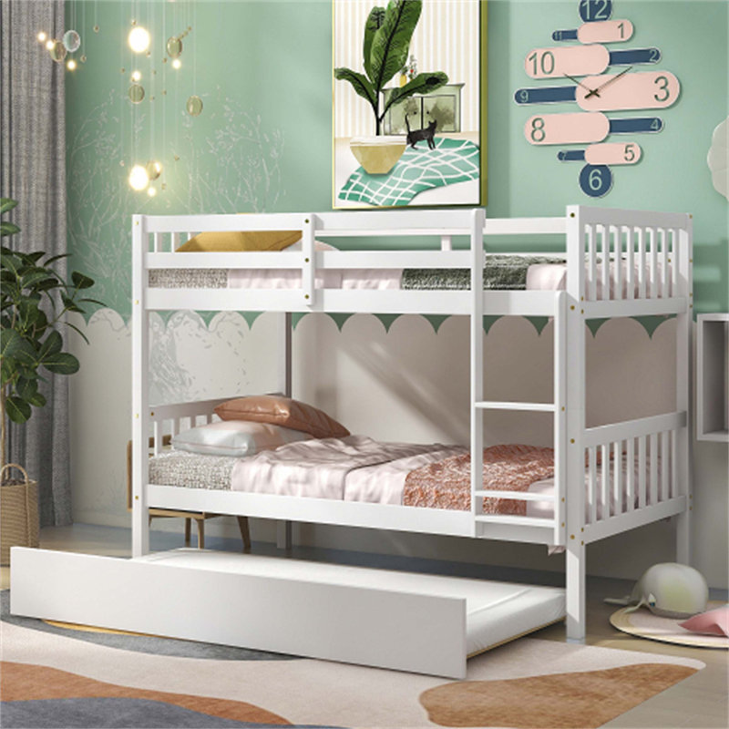 Twin Over Twin Bunk Bed with Trundle, Twin, White