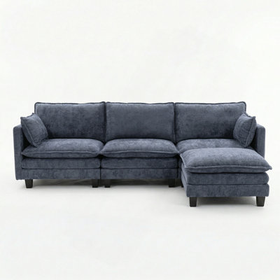 Ensemble de canapé moderne en chenille bleu gris, canapé 3 places avec repose-pieds individuel assorti, mobilier de salon modulaire avec ports USB intégrés et poches latérales.