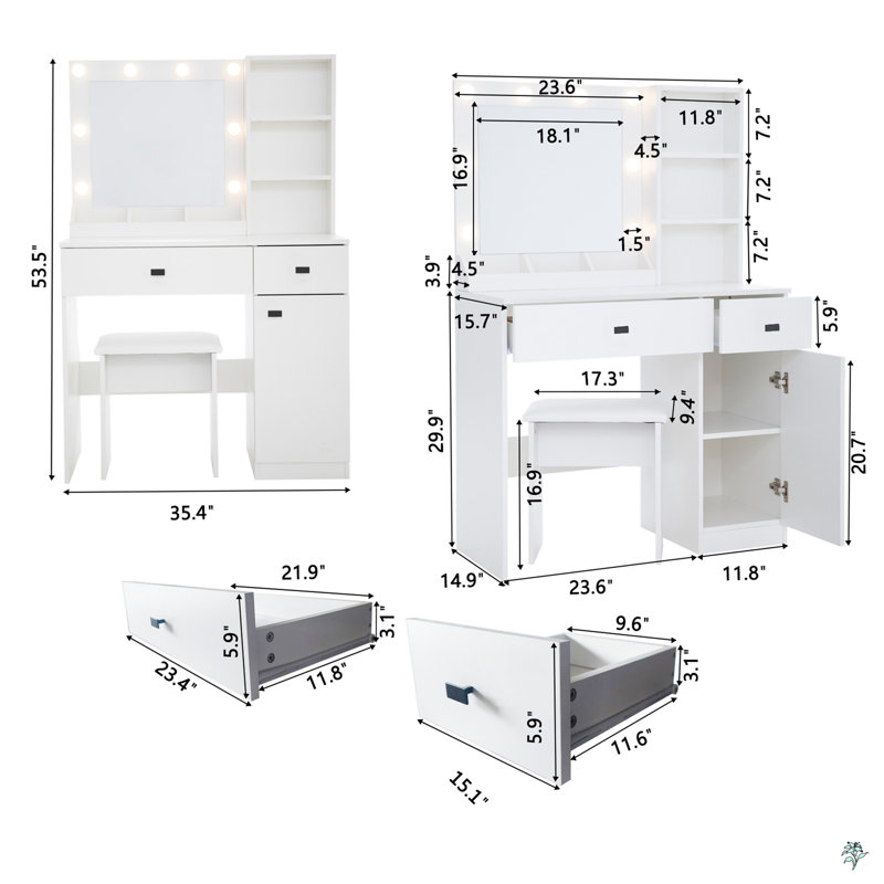 Vanity Desk Set With 3 Lights Brightness Adjustable, Mirror, Makeup Vanity Desk With Large Drawers & Three Level Storage Dreeser