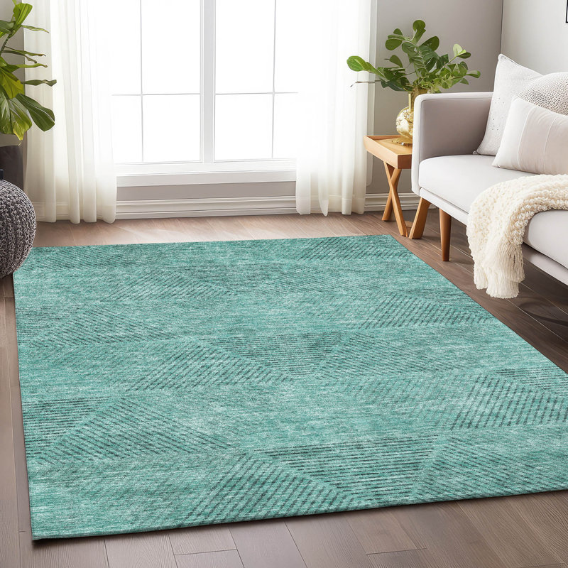 Tapis bleu sarcelle lavable à la machine Premium Prisco, Rectangle 10 pi x 14 pi