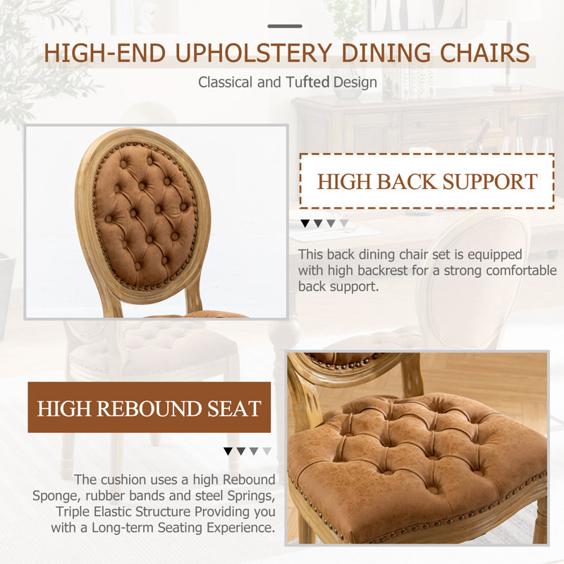 Round Farmerhouse Wooden Dining Set with French Dining Chairs, Faux Leather Dining Chairs, Walnut, Orange