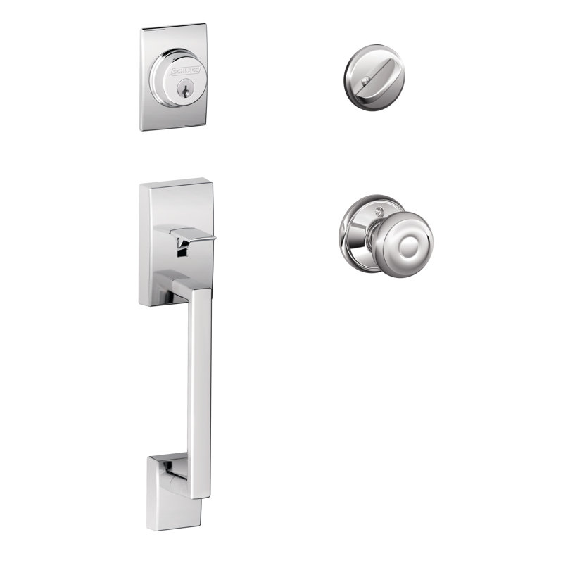 Century Handleset with Single Cylinder Deadbolt and Georgian Door Knob and Rosette, Satin Chrome