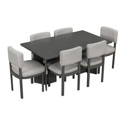 Farmhouse Wood Dining Table Set for 6 with 6 Upholstered Chairs, 60" Rectangular Dining Table with Cutout Table Legs