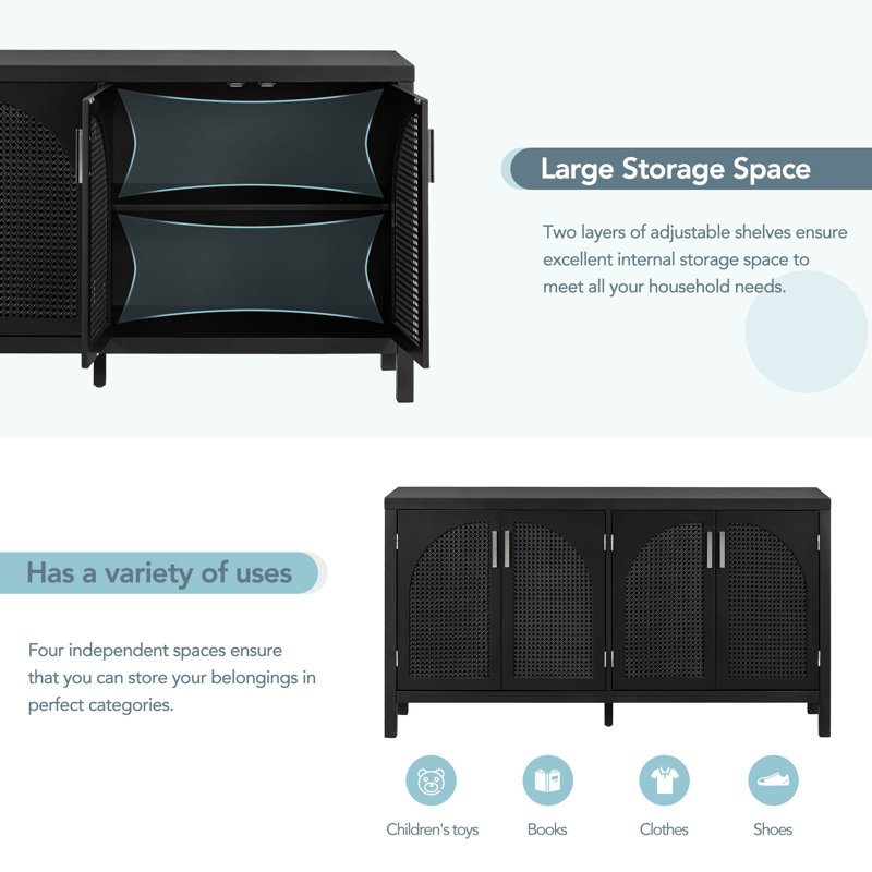 Black 60'' MDF and Rattan 4-Door Sideboard