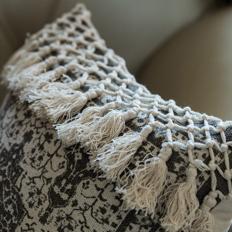 Beige Handwoven Cotton Throw Pillow with Tasseled Top