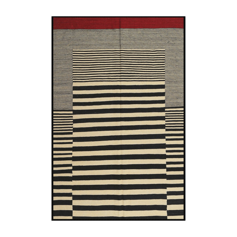 Tapis contemporain noir / beige / rouge, Rectangle 5 pi x 7 pi