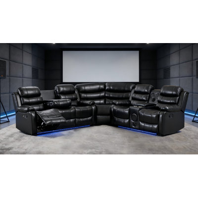 Manual Reclining Black Leather Sectional Sofa With Bluetooth Speaker 6 Seater Corner Couch