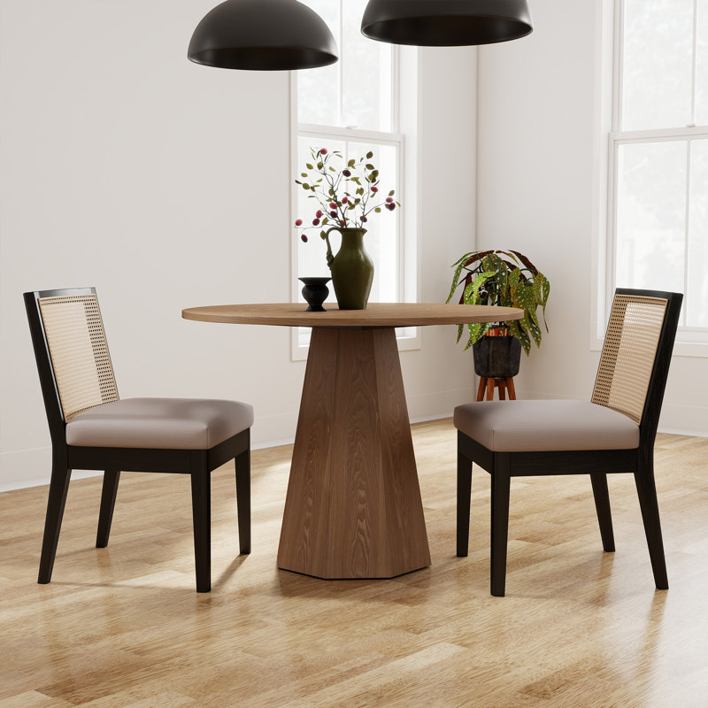 Round Dining Table Set, Mid Century Modern Small Round Dining Table Set, Saving Space, Beige/Black, 3 Pieces: Table, 2 Chairs