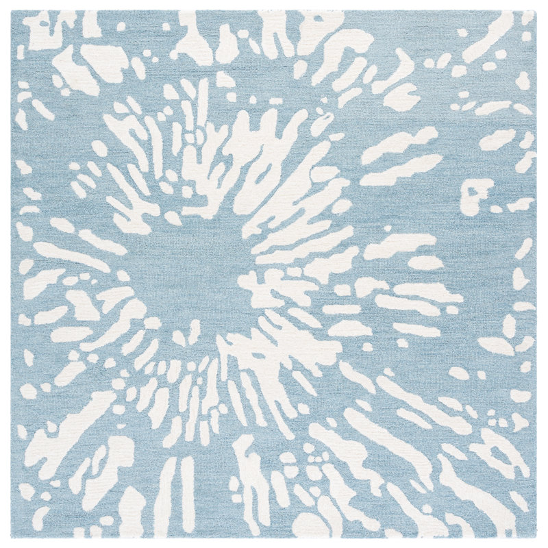 Laine touffetée à la main Rodeo Drive 179; Tapis abstrait en viscose ivoire / bleu, Carré 6 pi
