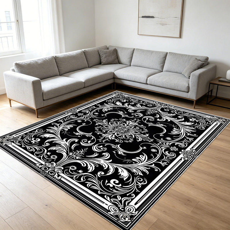 1PC Vintage Black & White Ornate Damask Floral area rugs for Living Room, Soft, All seasons, Easy-maintain, Washable Indoor mat, Farmhouse suitable for dining room, bedroom, entryway, kitchen, patio, study, Home Decor, Outdoor Decor.