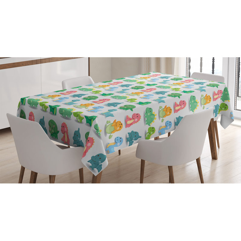 Jurassic Tablecloth, Colorful Dinosaur Pattern Beast Fantasy Primeval Times Happiness, Rectangular Table Cover For Dining Room Kitchen Decor, 52" X 70", Green Turquoise Marigold