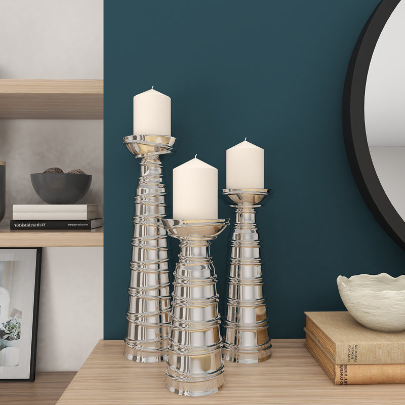 Elegant Silver Ceramic Candlestick Trio, Set of 3