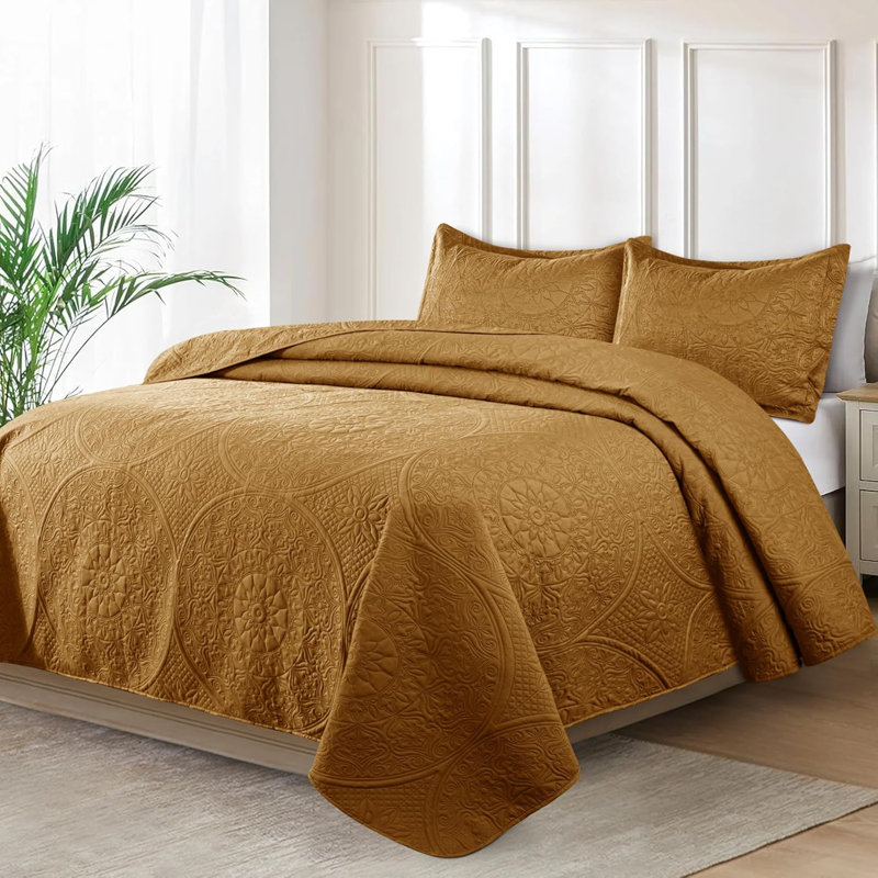 Lightweight Summer Bedspreads - 3 Piece Oversized Quilt Set - Reversible Coverlet Set - King Size, Buckthorn Brown Floral