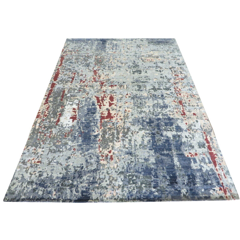 Tapis en laine ivoire/gris/bleu 9 pi 11 po x 14 pi 1 po one-of-kind à la main noué la Corette