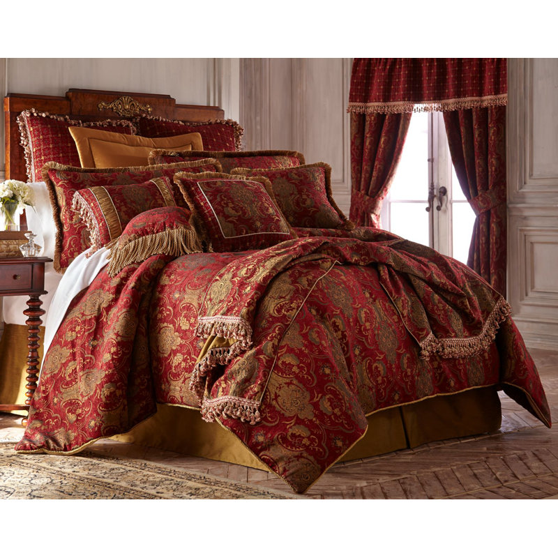 China Art Damask Polyester Modern & Contemporary 6 Piece Comforter Set, Queen Comforter + 2 Standard Shams, Red