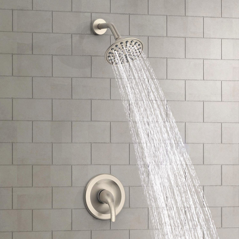 Robinet de douche mural à 6 fonctions à poignée simple, avec valve incluse et tête réglable, joint à 360 °, trous de pulvérisation pour la prévention, corps en plastique nickel brossé brut dans la valve, mouvement de joint,