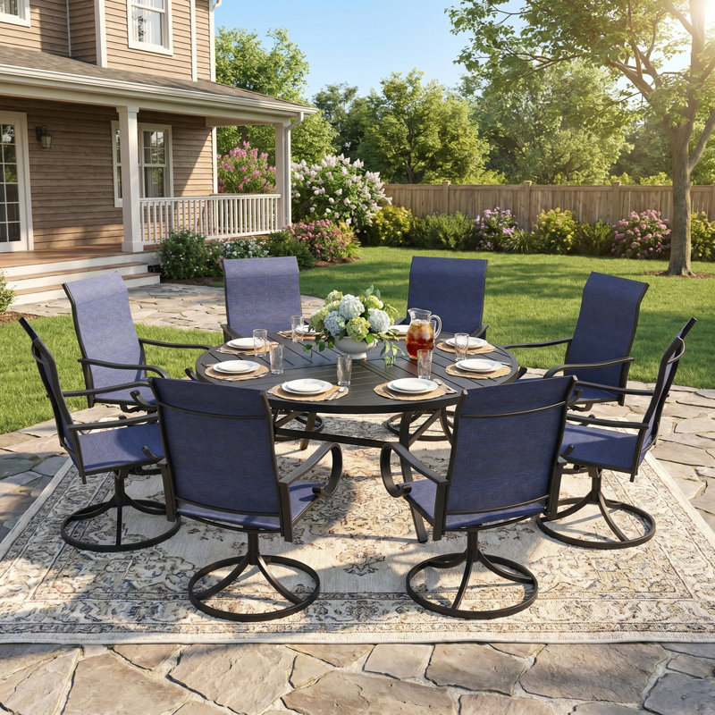 Ensemble repas pour 8 personnes avec table de salle à manger 60 po et 8 chaises pivotantes en textilène, Black/Blue