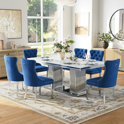 Metal And Faux Marble Rectangular Dining Table With 6 Velvet Upholstered Nailhead Dining Chair