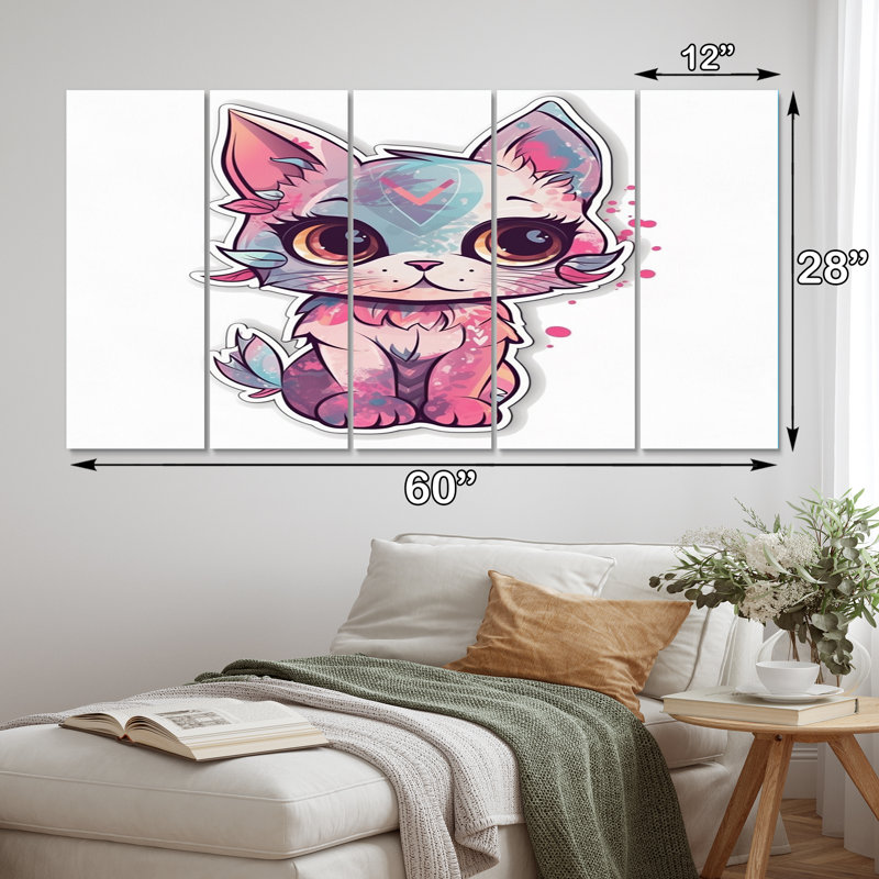 Illustration de chat rose mignon chaton - reproduction d'art de chat animaux - 5 panneaux égaux
