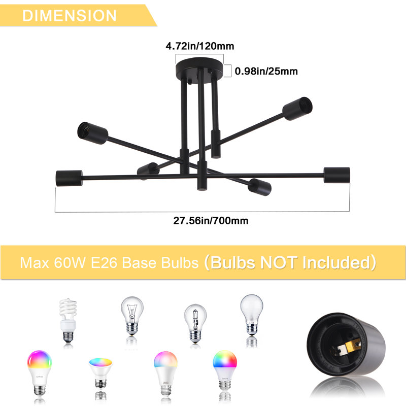 Eiren 6-Light 27.56'' Dimmable Sputnik Chandelier Modern Linear Semi Flush Mount Ceiling Light, Black