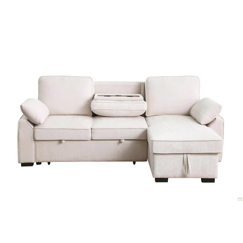 Canapé-lit modulaire réversible en chenille avec méridienne de rangement, table rabattable, porte-gobelets et ports de chargement