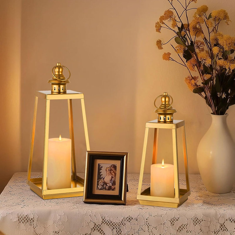 Gold Lanterns Decorative Indoor: Outdoor Front Porch Decor 12" & 15" Set Of 2 Farmhouse Hanging Lanterns For Wedding Table Centerpieces Mantle Fireplace