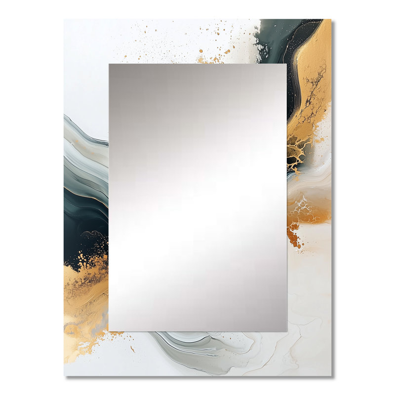 Silent Melody Of Golden Hard Edge Ink III - Hard Edge Painting Mirror, Gold Unique Wall Mirror, Printed Metal Art, 32" x 24"