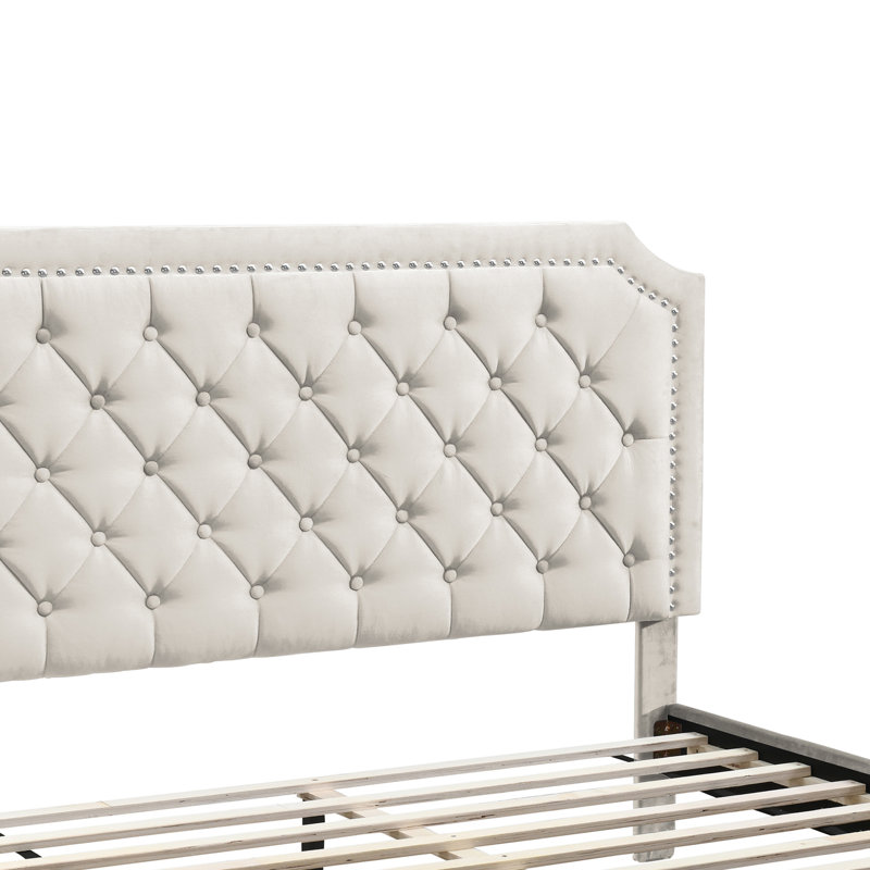 Lit plateforme à bord clouté Ava - Velours beige Qn-Beige, Beige