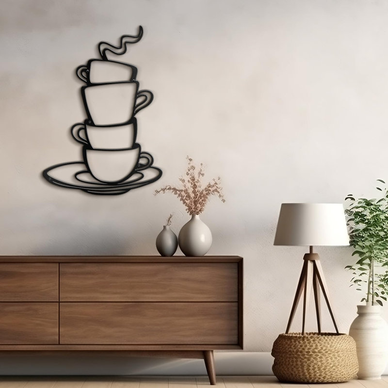 Décoration murale abstraite murale tasse à café, H 24 po x l 17,14 po x P 0,05 po, Noir