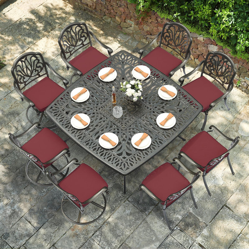 Bloomsbury Market 9-piece Outdoor Furniture Dining Set For 8, All-weather Cast Aluminum Patio Table And Chairs Set With 8 Chairs, 63.98" Large Square Dining Table With 2.2" Umbrella Hole