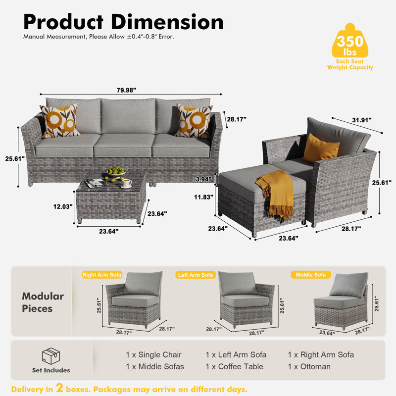 Ensemble de conversation modulaire 6 pièces avec ensemble de conversation et table basse, aucun assemblage requis, Dark Grey