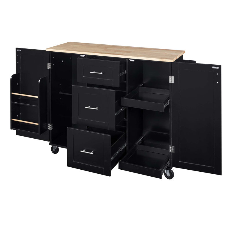 Rolling Kitchen Island With Storage, Kitchen Cart With Rubber Wood Top, 3 Drawer, 2 Slide-Out Shelf And Internal Storage Rack, Kitchen Island On Wheels With Spice Rack & Tower Rack