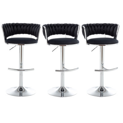 Swivel Bar Stools Set of 3, Counter Height Bar Stools with Low Back, Adjustable Height Barstools, Velvet Bar Stools for Kitchen Island, Pub (Black)
