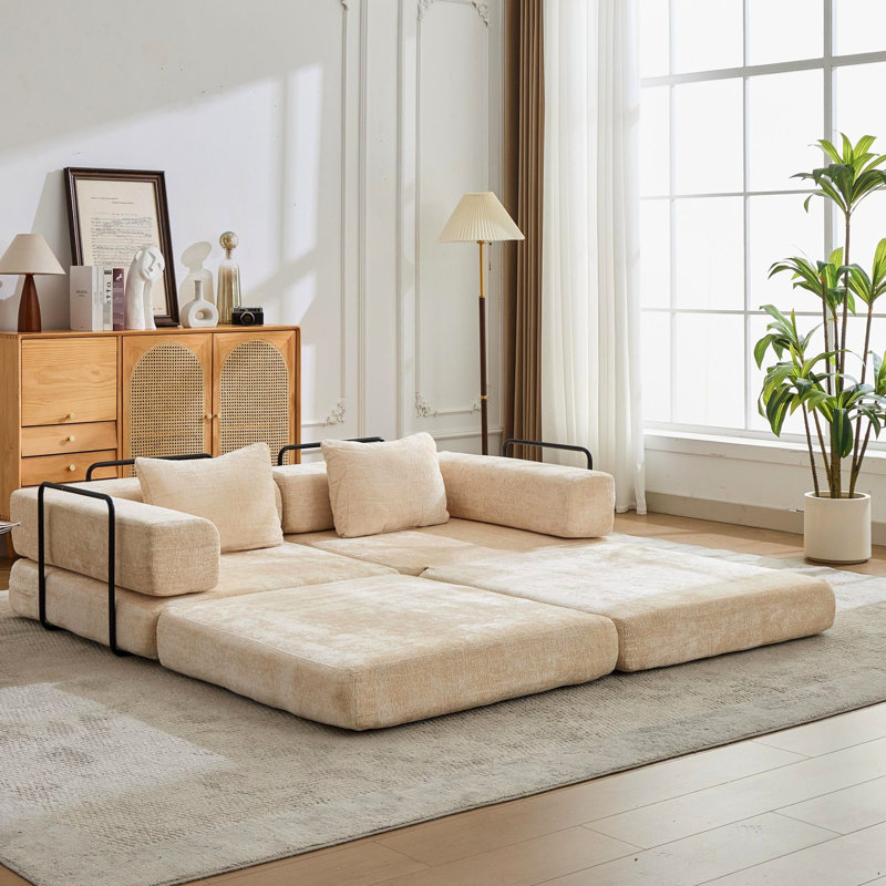 Compression, 2 places, modulaire désossé, lit convertible, sans assemblage, beige, modulaire au sol pour salles de jeux, tissu chenille, petits appartements