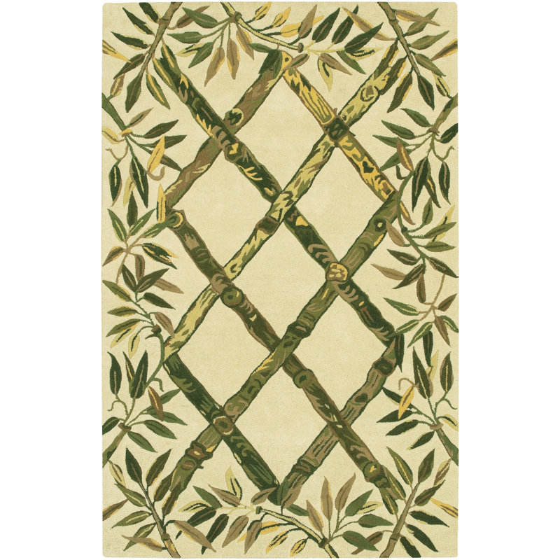 Metro Authentic Hand-Tufted Handmade Cream & Green Modern Botanical Wool Area Rug, 7'9" x 10'6"