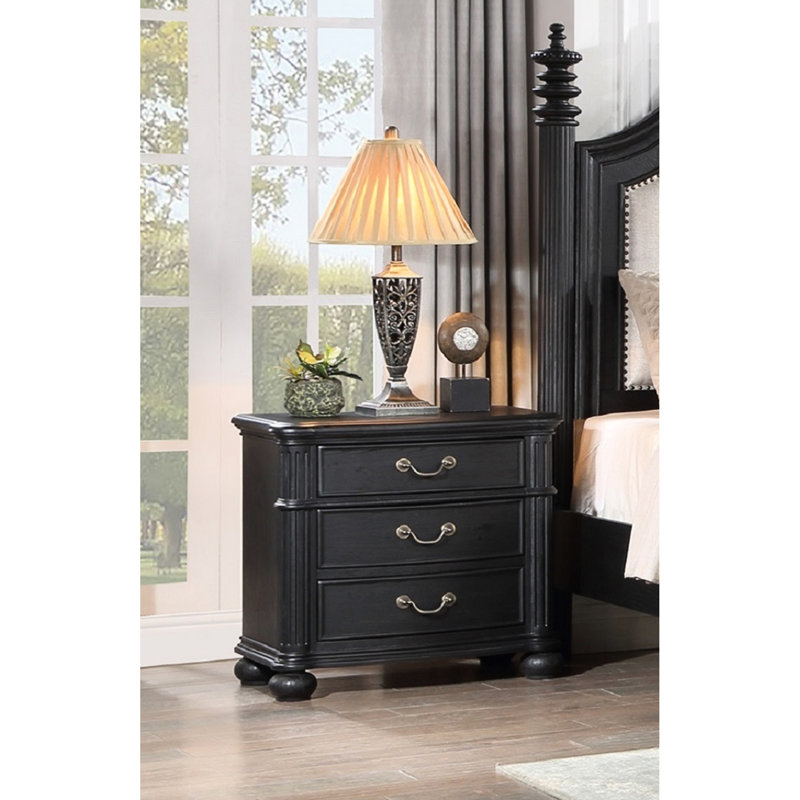 Table de chevet antique 3 gris noir avec 3 tiroirs et finition en bois