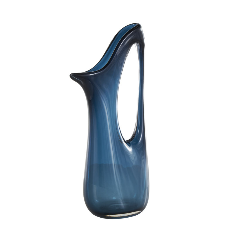 Kyonne Glass Abstract Decorative Blue Vase with Cutout Handle and Elongated Opening, 20.6" H x 10.4" W x 5.1" D