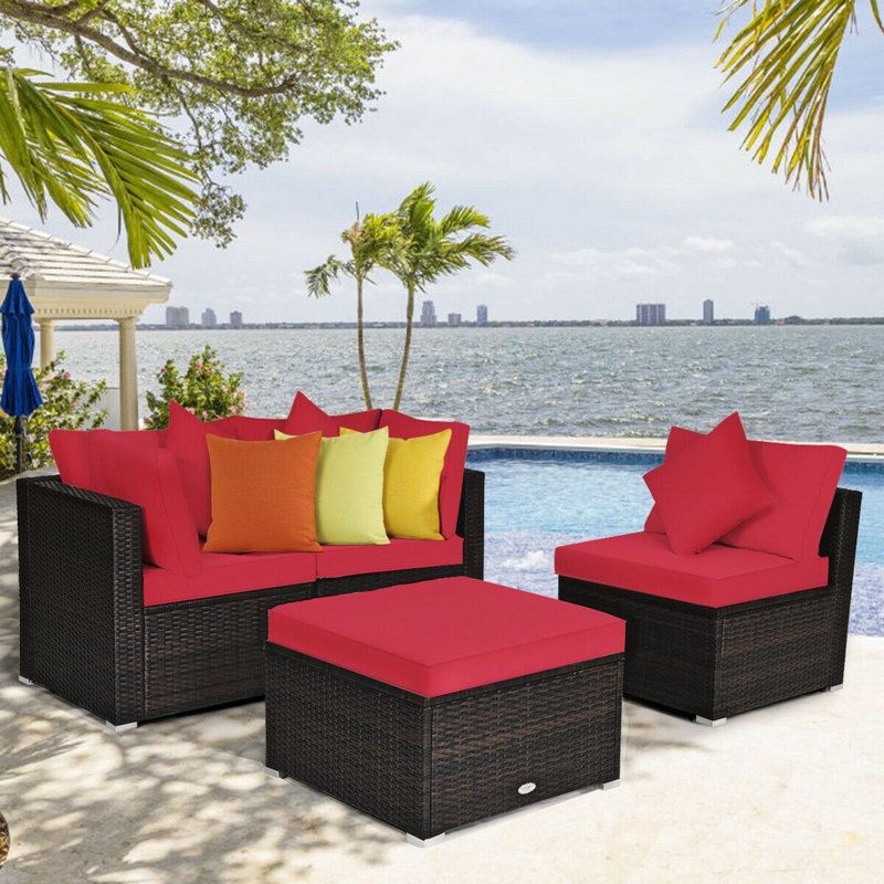 Ensemble de conversation modulaire en rotin avec coussins 4 pièces Patio, Rouge