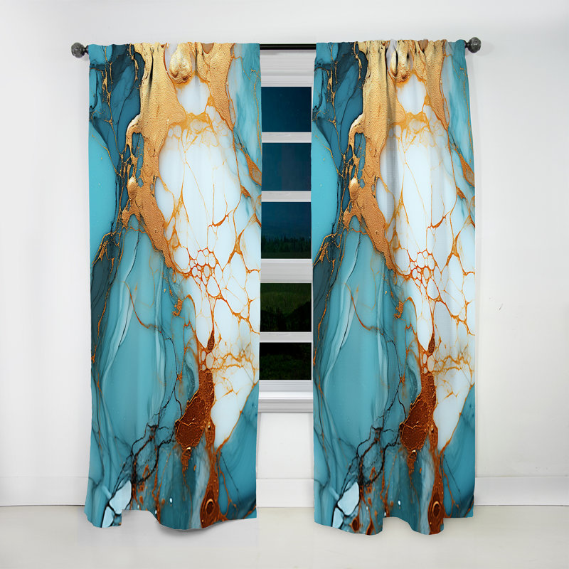 Boutelle Gold And Blue Marble Ink Flow - Modern Curtain - Velvet Room Darkening - 1 panel, 52" W x 108" L