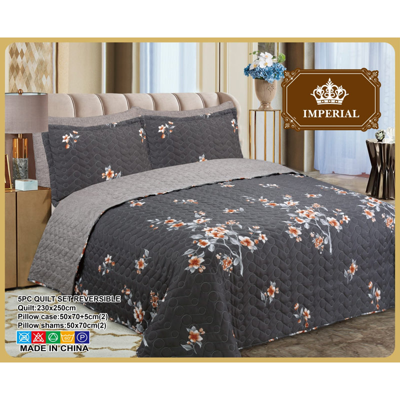 Ensemble de courtepointe réversible en microfibre gris foncé / rouge 5 pièces