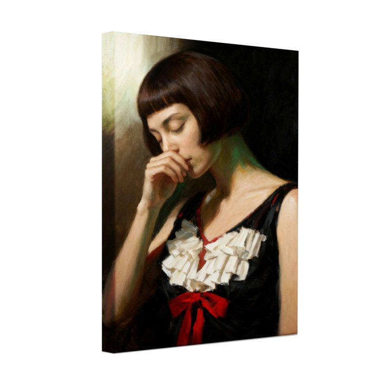 Femme abstraite en robe noire avec nœud rouge, H 18 po x l 12 po